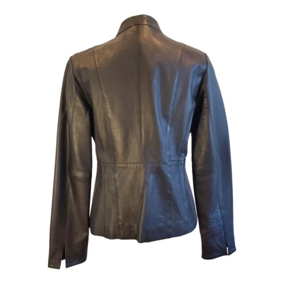 NINE WEST SZ L Soft Black Leather Zip-front Classic Tailored Jacket - Picture 6 of 10